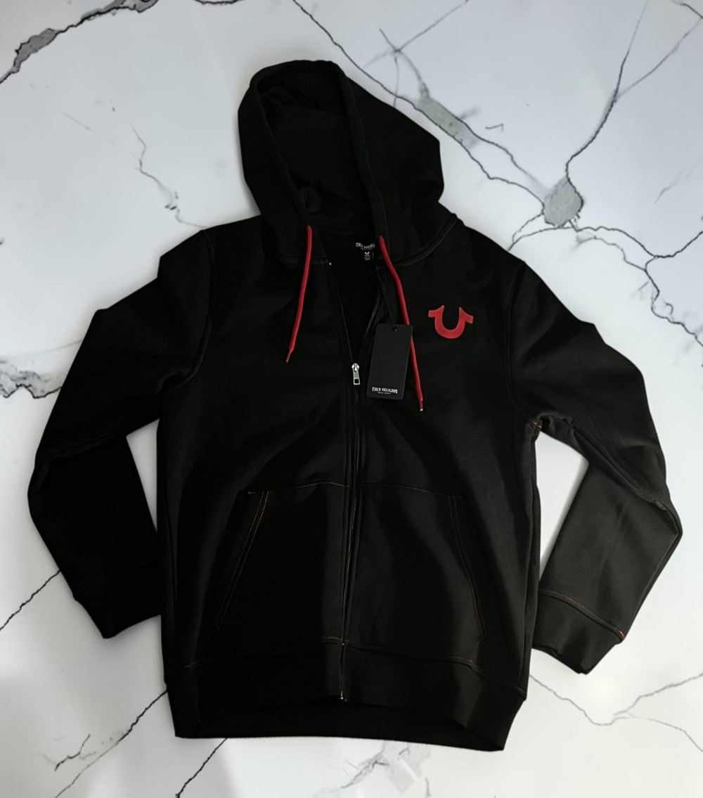 True Religion Men’s Medium Black Red Horseshoe Full Zip Hoodie Sweatshirt NWT